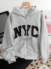 SHEIN 青少年女孩秋冬新款灰色針織時尚百搭字母印花休閒衛衣，返校季 - 灰色 - 查看 6