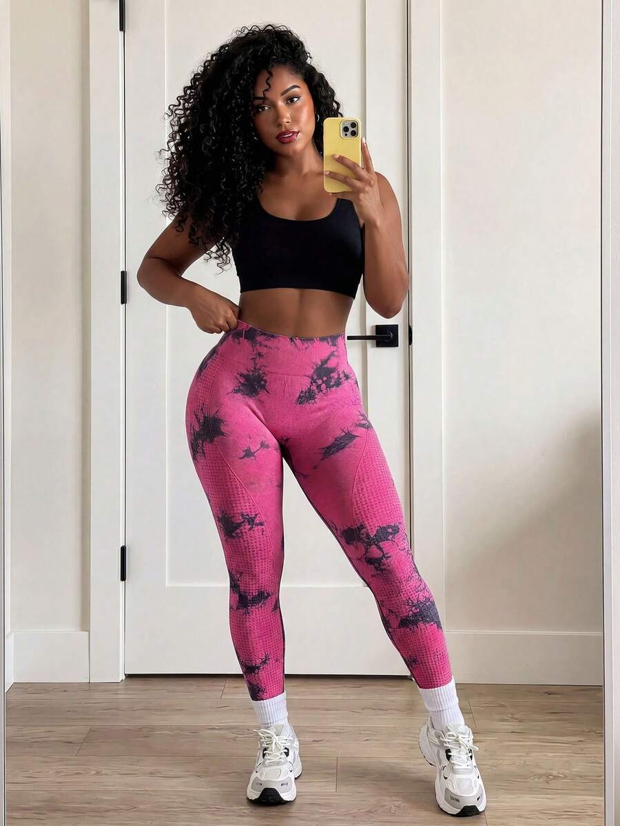 SHEIN Sports 女士扎染高腰无缝弹力紧身裤瑜伽裤 - 玫紅色 - 查看 1