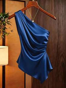 SHEIN Franclia Women's Summer Asymmetric Neck Sleeveless Top With Ruched Shoulder And Waist Design, Casual Daily Wear, Versatile Fashion Elegant Commute Style, Elegant, Vacation, Office - Navy Blue - View 3