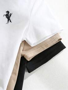 SHEIN 兒童 3件組 小男孩休閒風馬匹刺繡前鈕扣短袖亨利衫，適中厚度，適合夏季度假、日常穿著，四季皆宜 - 彩色 - 查看 6