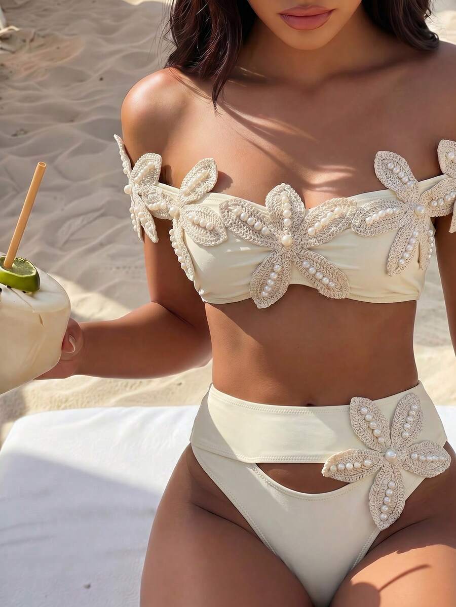 SHEIN Swim 春夏女款熱銷性感度假比基尼套裝,隨機裝飾海星與珍珠 - 杏色 - 查看 1