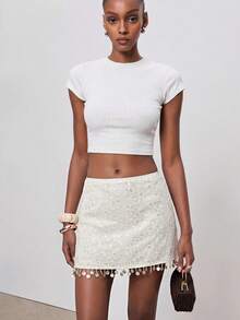 ATUI Studio Women's Elegant Sexy Sequin Tassel Hem Mini Skirt Party White Autumn - White - View 1
