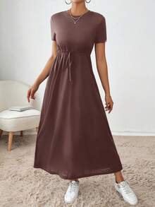 SHEIN Essnce 1 件女士纯色系带连衣裙，简约时尚休闲日常穿着 - 紫紅色 - 查看 5