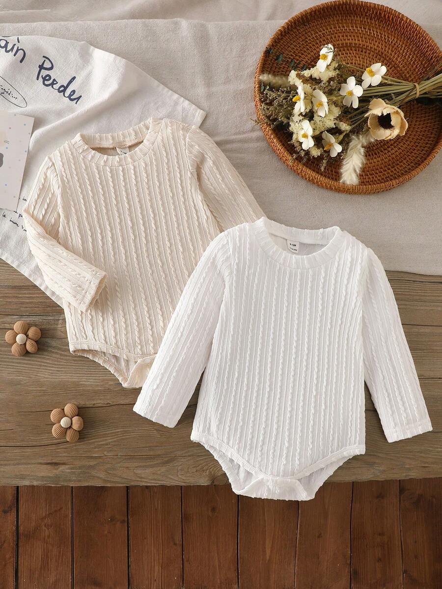 SHEIN Vintaside Kids 兒童扭紋長袖內搭衫 春/秋圓領內層底層 嬰兒連身衣 - 白色 - 查看 1