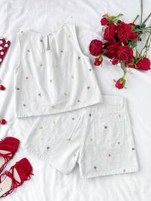 Comfortcana 女款碎花圓領背心與口袋牛仔短褲休閒套裝兩件組 女款兩件套 女款兩件套 - 白色 - 查看 2