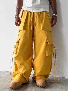 PAVTROS Men's Solid Color Drawstring Waist Cargo Pocket Wide Leg Casual Pants - Yellow - View 3