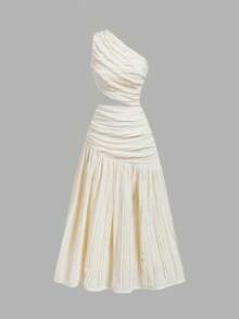 Skyraze Chic Basic Romantic White Textured For Women One Shoulder Ruffled Long Dress Perfect For Summer, Elegant Dress, Vacation - Apricot - View 3