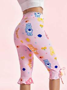 SHEIN X Care Bears Women's Cute Cartoon Print Lace Patchwork Cropped Leggings - Pink - View 2