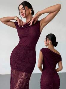Firerie Damen-Spitzen-Kleid, figurbetont, asymmetrische Schulter, Meerjungfrau-Schnitt, tiefes Burgunderrot, langes Kleid, formelles Abendkleid, Hochzeit, Nacht, Bar, Party, Firmenfeier, Sommer, sexy - Bordeaux - Übersicht 4