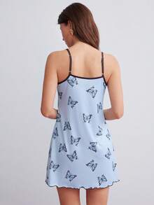 Elorette Butterfly Print Contrast Binding Lettuce Trim Cami Pajama Nightdress - Baby Blue - View 6