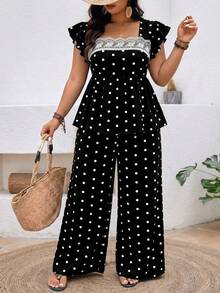 Breezaya Conjunto de 2 piezas de top y pantalones con estampado de lunares talla grande, atuendo casual para vacaciones - Negro - Ver 4