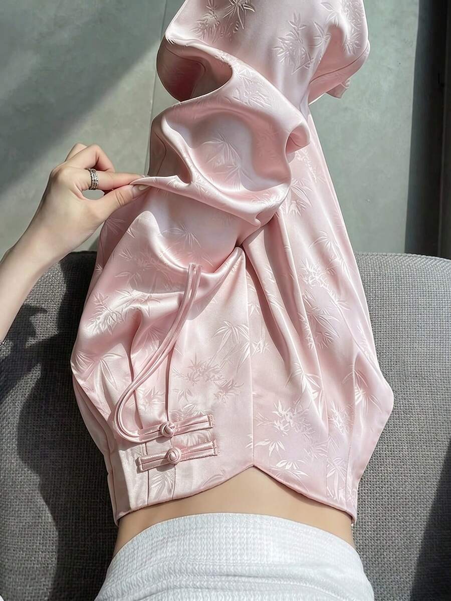 Resyla 新中式提花長褲,配中國結鈕扣,高腰寬鬆直筒 - 粉色 - 查看 1