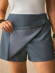 Freevana Falda-pantalón cruzada de cintura alta con panel asimétrico de falda falsa, short versátil para uso diario - Azul Marino - Ver 3