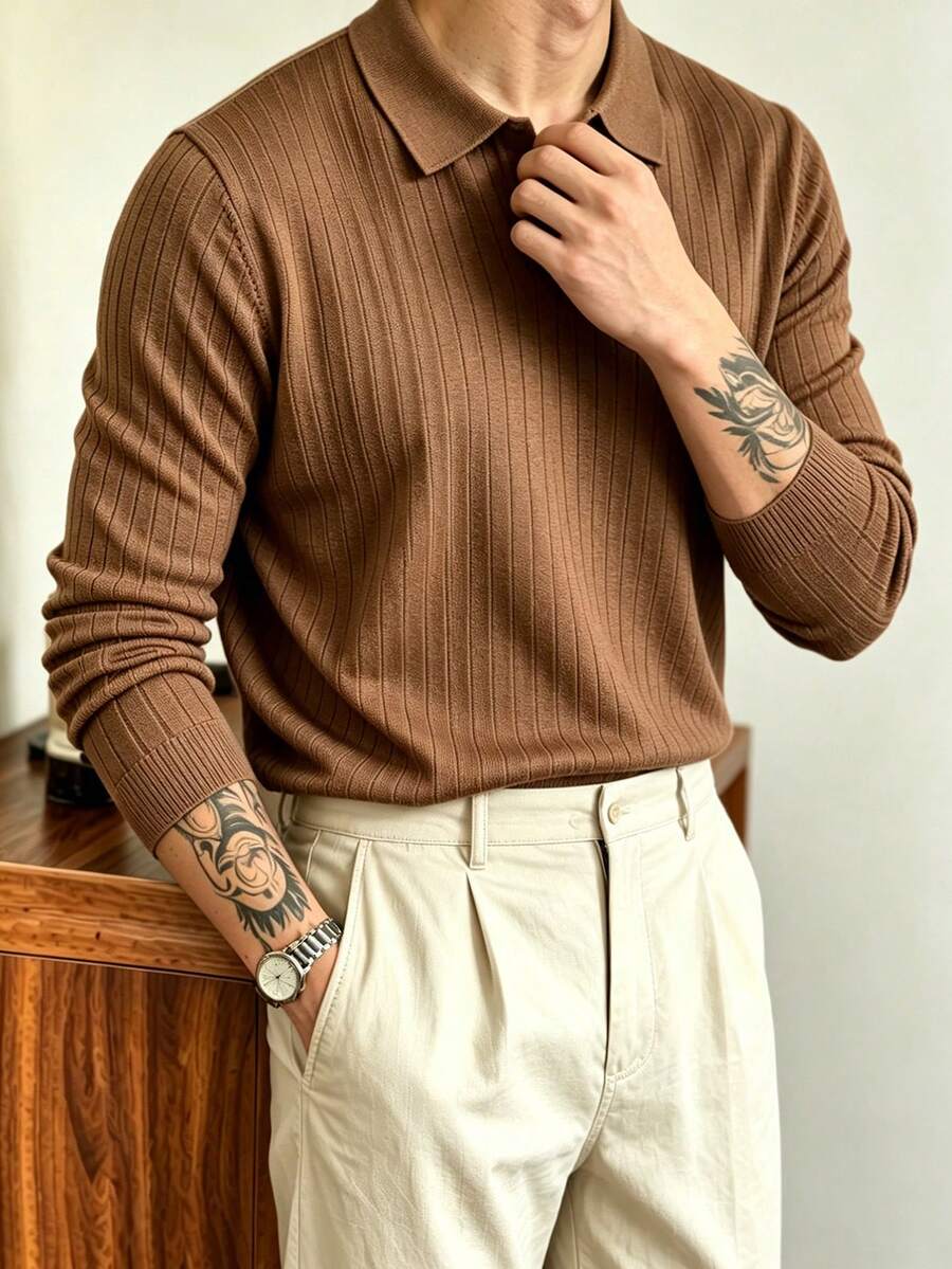 JOLTRO 男士純色長袖休閒通勤 Polo 衫 - 卡其色 - 查看 1