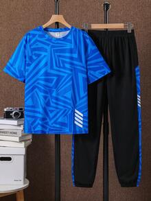 SHEIN 青少年男孩 2件/套休閒短袖上衣與長褲套裝，運動風、街頭風、龐克搖滾、校園風，適合春夏日常穿著與派對 - 彩色 - 查看 4