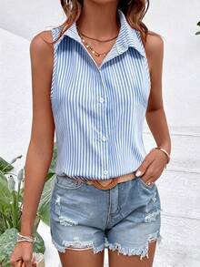 SHEIN Holidaya 女款夏季法式優雅通勤翻領無袖寬鬆百搭粉色與白色條紋休閒開襟襯衫 - 藍白色 - 查看 4