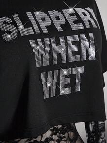 SHEIN ICON Body 2 en 1 de mujer talla grande estilo Y2K sexy con encaje, estampado de eslogan y diseño punk streetwear - Negro - Ver 8