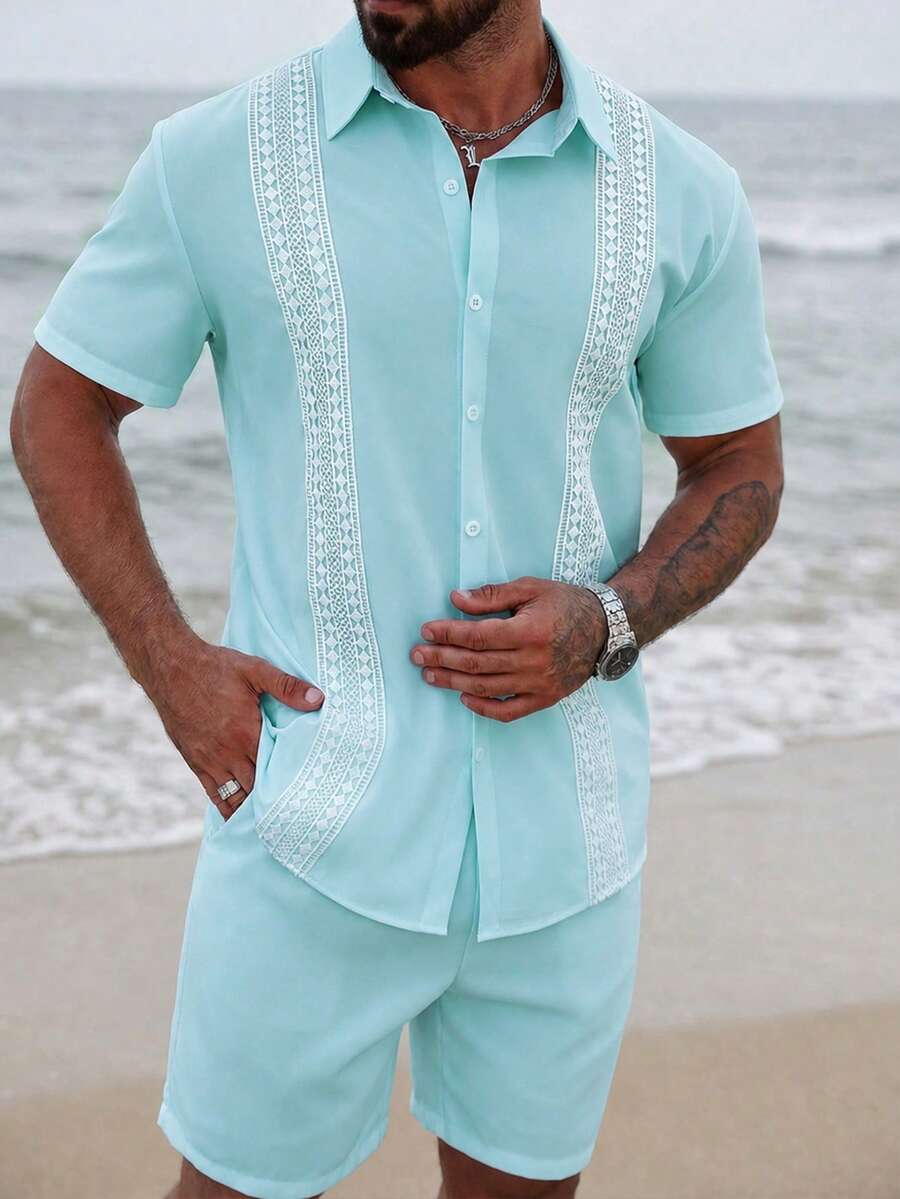 VENTUSAIL 男士撞色短袖复古前扣夏季衬衫 - 藍色 - 查看 1