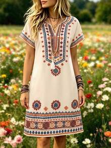Selamara Notched V-Neck Short Sleeve Waist-Cinching Long Dress For Women - Apricot - View 5