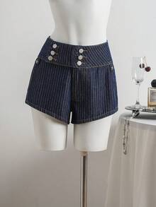 Elamini Festival Size 女款夏季藍色彈性條紋修身牛仔短褲 夏日穿搭 - 中等水洗藍 - 查看 4