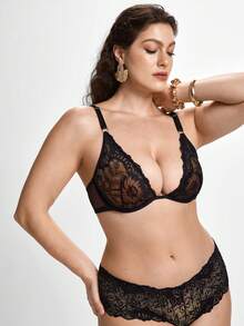 Slumbrini Plus Size Solid Color Lace Patchwork Bralette Wireless And Adjustable Strap, Lift - Black - View 6