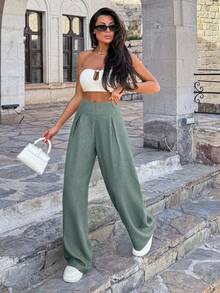 EURMUSE Casual Versatile Solid Color Wide Leg Pants - Mint Green - View 6