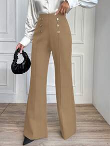 RueChic Ladies' Solid Color Pants With Button Decoration - Camel - View 2