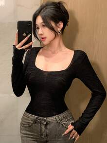 DAZY 夏秋休閒黑色蕾絲修身優雅女款上衣 T恤上衣 適合婚禮宴會晚宴襯衫 - 黑色 - 查看 11