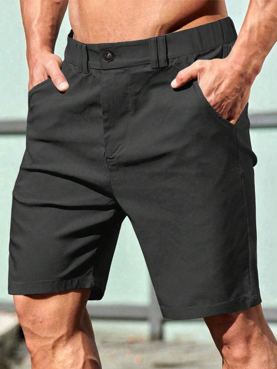 Manfinity Homme Men's Plus Size Solid Color Pocket Casual Versatile Straight LegBermuda Shorts - Black - View 1