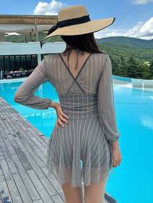 DAZY Women's Striped V-Neck Ruched One-Piece Swimsuit, Suitable For Beach Vacation, Pool Party, Beach Party Summer - Grey - View 4