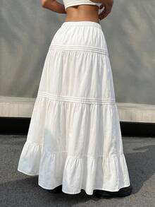 SHEIN EZwear 女款純色荷葉邊下擺休閒長裙，百搭夏季單品，長版寬鬆超低腰藍色人造絲面料，適合春秋日常穿著 - 白色 - 查看 3