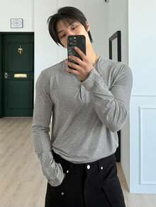 DAZY 男士紋理布料純色基礎半鈕扣T恤 - 灰色 - 查看 6