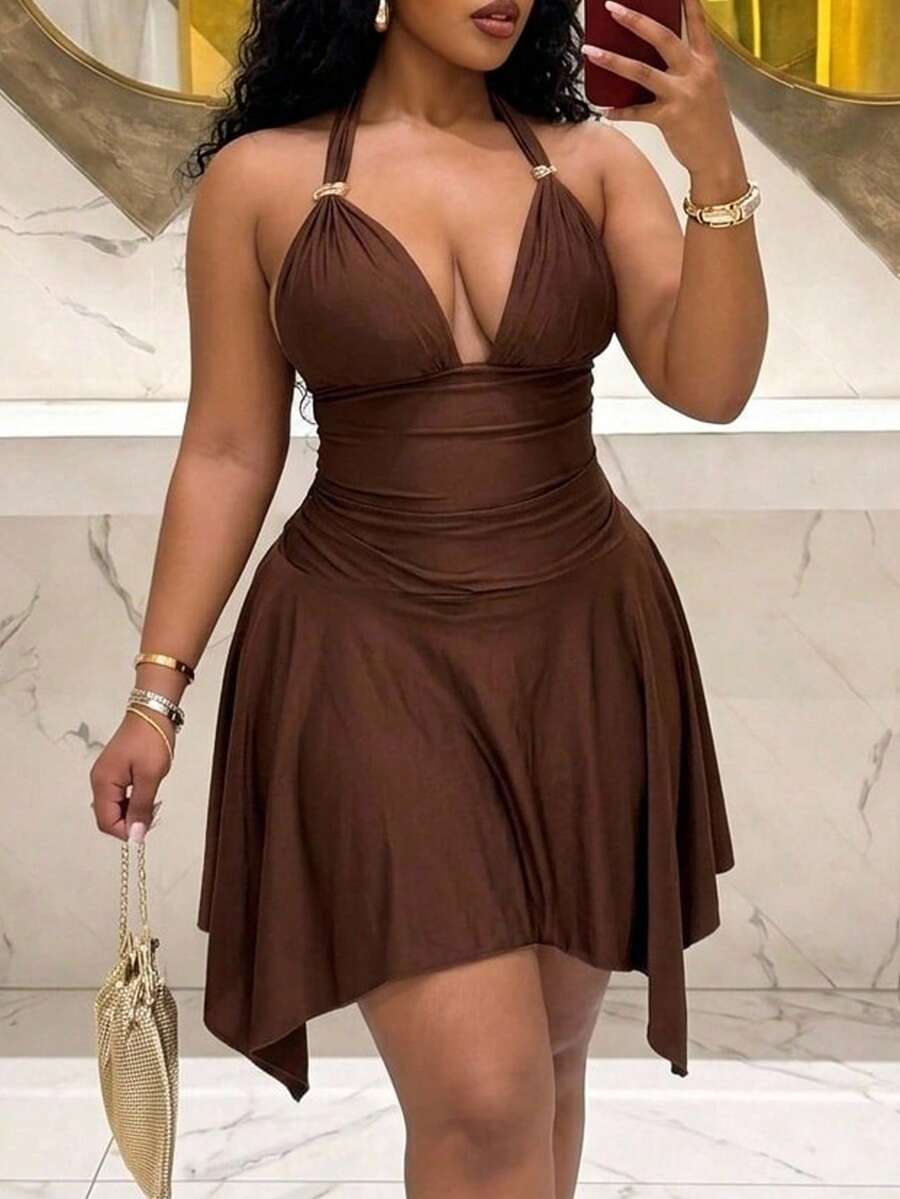 Slaydiva Spring Summer Party Evening Rave Valentine's Day Elegant Sexy Solid Chocolate Brown Halter Neck Asymmetrical Hem Ruched A-Line Dress Women's Plus Size