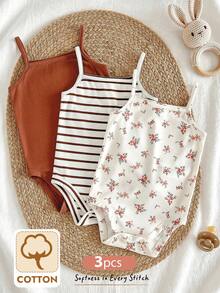 Cozy Pixies 3pcs/Set Babygirl Casual Minimalist Knit Floral & Striped Sling Bodysuit - Multicolor - View 3