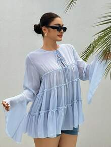 Dazy Plus Plus Size Round Neck Ruffle Flare Sleeve Chiffon Patchwork Tie-Front French A-Line Pullover Blouse, Spring/Summer Long Sleeve Vacation - Baby Blue - View 2