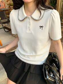 DAZY 女款韓式休閒短袖領口T恤可愛上衣 - 白色 - 查看 7
