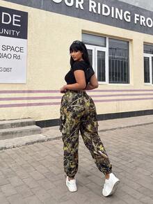 POPSWAY Plus Size Casual Camouflage Print Multi-Pocket Drawstring Cargo Pants - Multicolor - View 3