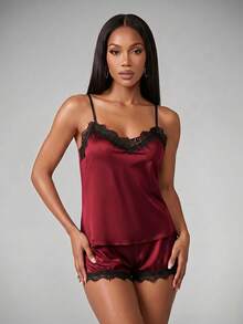Silforma Lace Panel Pajama Set - Red Violet - View 3