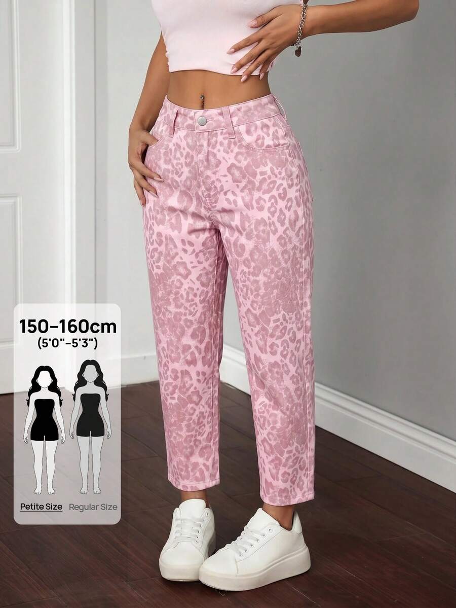 SHEIN PETITE Women's Fashion Versatile Leopard Print Button Pocket Denim Jeans - Pink - View 1