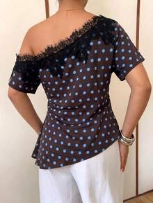 Elenzga Women's Spring/Summer New Elegant Coffee Brown Base Blue Polka Dot Vintage Minimalist Casual Draped Fitted Slimming Flattering Asymmetric Diagonal Short Sleeve Top With Lace Trim - Multicolor - View 2