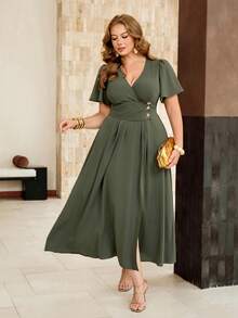 Roveilla Women's Plus Size Spring/Summer Olive Green Soft Fabric Shirred Waist Pleated Star Metal Buckle Elastic A-Line Slimming Skirt Split Hem Dress - Army Green - View 6