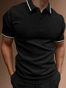 Manfinity Homme 大尺碼男士拼色休閒百搭通勤旅行短袖 Polo 衫 - 黑色 - 查看 3