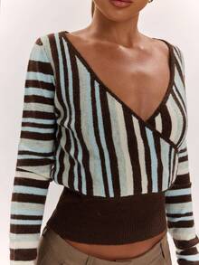 SHEIN BAE Autumn/Winter Fashion New Colorblock Versatile Casual Unisex Vacation Slouchy Cinched Waist Wrap V-Neck Striped Knit Top - Multicolor - View 6