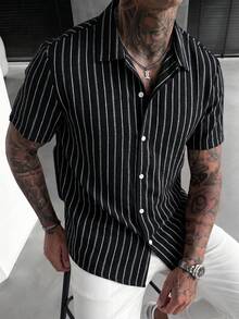 SLATEMANN 男士夏季黑色直條紋休閒度假修身翻領短袖襯衫，儀式穿著 - 黑色 - 查看 1