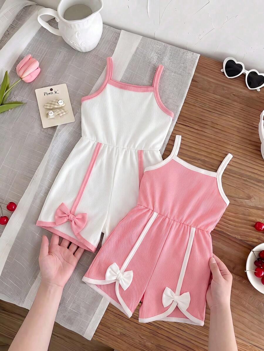 SHEIN 少女時尚可愛螺紋柔軟面料連身褲,優雅舒適兒童服飾,適合戶外、活動、派對、日常穿著 - 彩色 - 查看 1