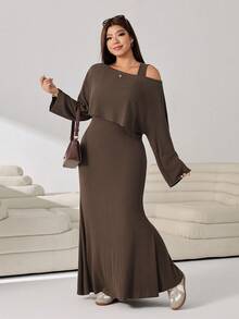 Solflare Plus Size Women's Solid Color One-Shoulder Long Sleeve Top And Bodycon Skirt Casual Set - Multicolor - View 4