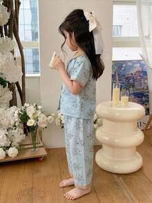 DAZY Young Girl Floral Short Sleeve Single-Breasted Top And Pants Loungewear - Baby Blue - View 5