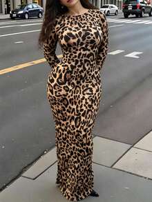 SHEIN SXY Prom Dress;Leopard Print Bodycon Long Dress For Spring & Summer Holiday Elegant Date Night Party Sexy BOHO Animal Print Leopard Print - Coffee Brown - View 2