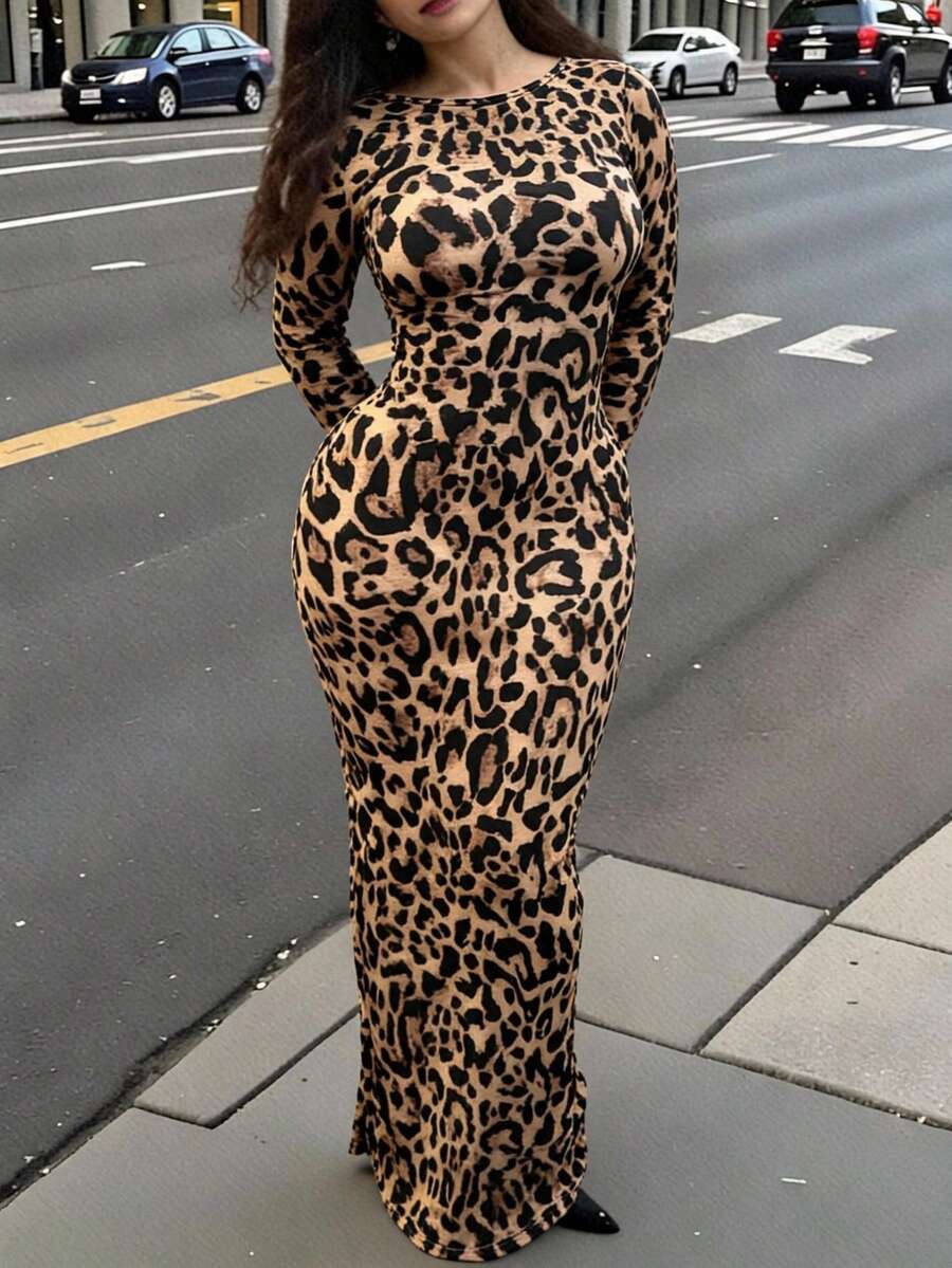 SHEIN SXY Prom Dress;Leopard Print Bodycon Long Dress For Spring & Summer Holiday Elegant Date Night Party Sexy BOHO Animal Print Leopard Print