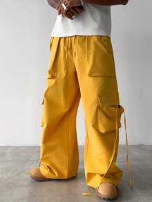 PAVTROS Men's Solid Color Drawstring Waist Cargo Pocket Wide Leg Casual Pants - Yellow - View 6
